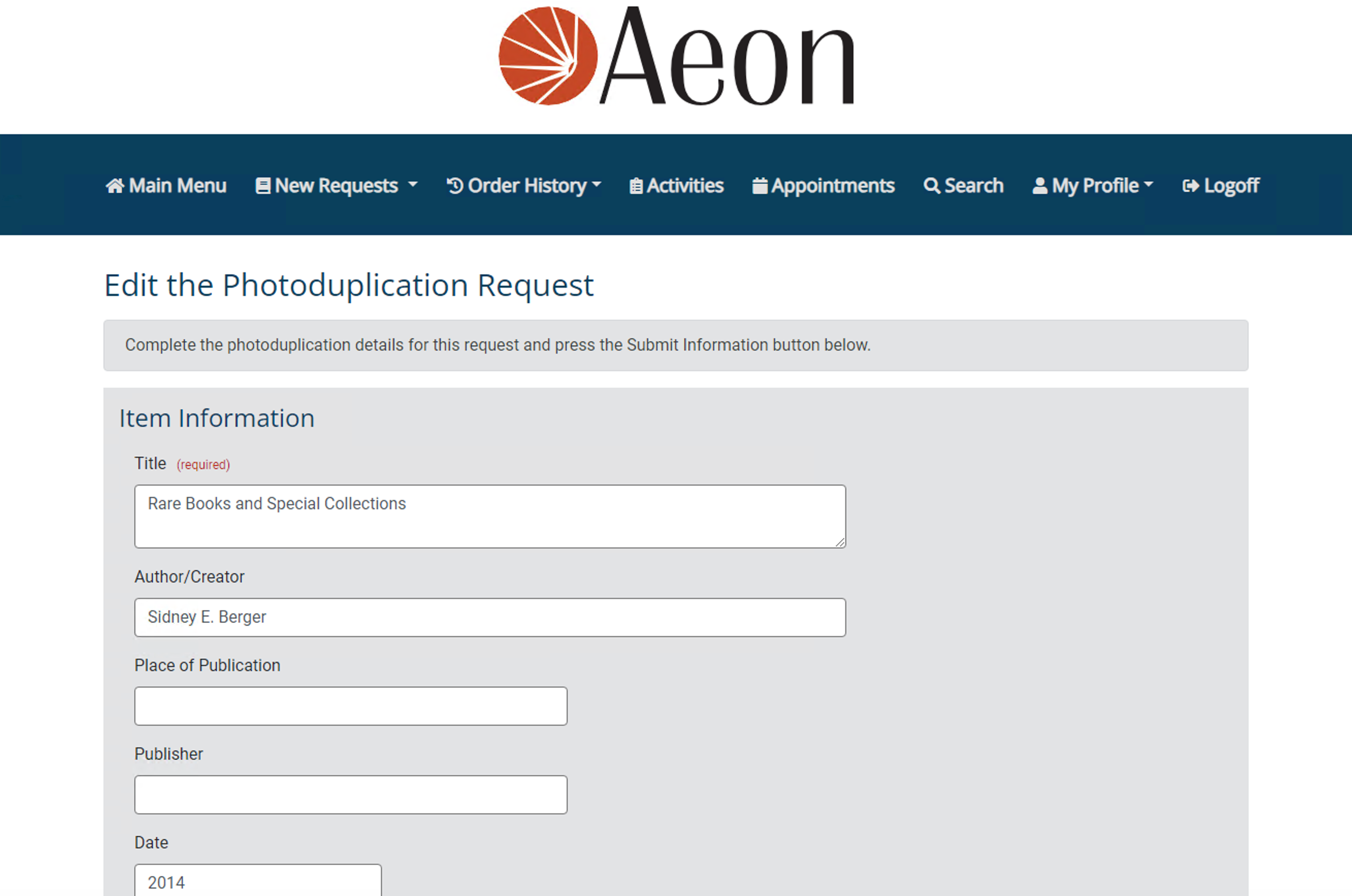 Photoduplication Request form